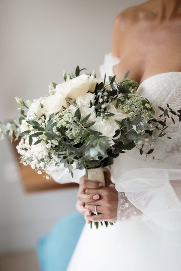 wedding at Thorpe Garden -ivory and white flowers featuring Avalanche Roses, Gypsophilia, Ammi Marjus, Lisianthus and Eucalyptus - Ivory Bridal Bouquet and Bridesmaids Bouquet - Black tie wedding