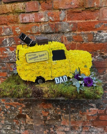 custom funeral tribute design - only fools and horses - 3 wheeled van floral tribute - trotter van funeral flowers 