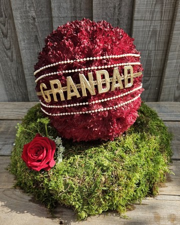 cricket ball with Grandad in silver letters funeral tribute design 