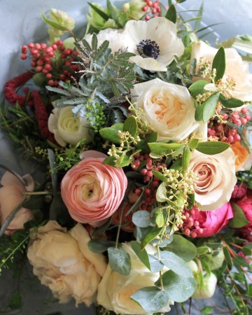 Bridal Bouquet Featuring Blush & Cerise Peony - White O'Hara Rose - Davi Austen "Juliet" Rose - Anemone - Mansfield Park Spray Rose - Helebors - Ranunculus and Lisianthus 
