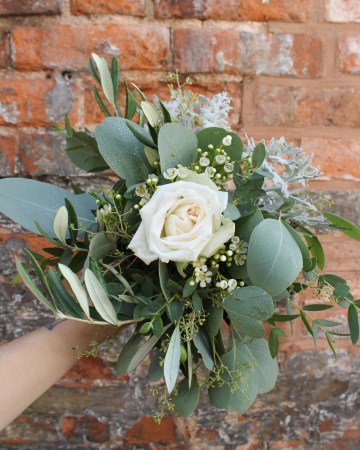 Bridesmaids Bouquet - White O'Hara Rose - Waxflower - Eucalyptus - Senecio - Olive Foliage 