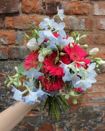 Bridal Bouquet Featuring Cerise Gerbera - Pale Blue Delphinium & Lisianthus 
