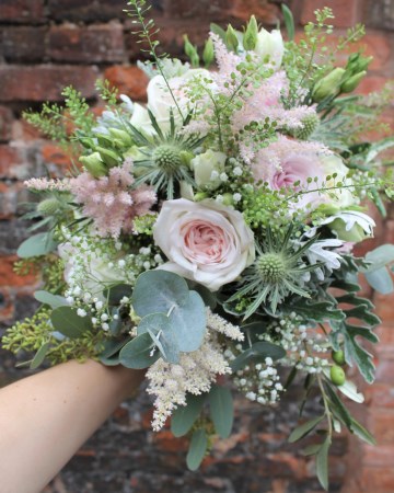 Bridal Bouquet Featuring - White O'Hara Rose - Eryngium - Astilbe - Gypsophila - Lisianthus - Senecio & Eucalyptus 