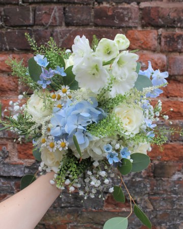 Bridesmaids Bouquet Featuring - Mondial Rose - Delphinium - Oxypetelum - Gypsophila - Hydrangea - Thlaspi - rosemary & Tancetum 