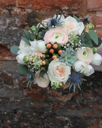 Bridal Bouquet Featuring - White O'Hara Rose - Peach Hypericum - Stocks - Blue Eryngium - White Tulips - Succulents & Eucalyptus 