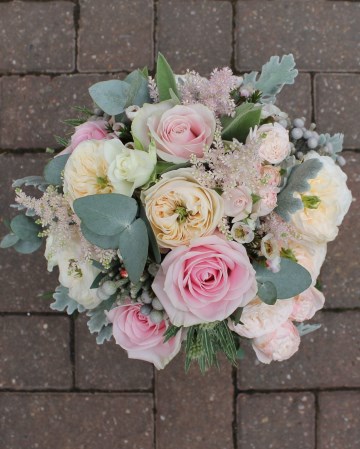 Bridal Bouquet Featuring Sweet Avalanche Rose - VIP "Clarity" Rose  - Bombastic Spray Rose - Waxflower - Astilbe - Brunia - Eucalyptus & Senico 