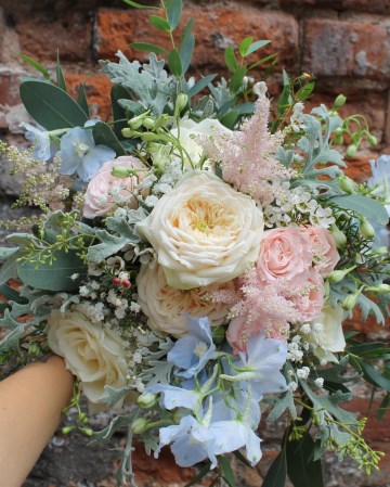 Bridal Bouquet Featuring Sweet Avalanche Rose - VIP "Clarity" Rose  -  Pale Blue Delphinium - Bombastic Spray Rose - Waxflower - Astilbe - Brunia - Eucalyptus & Senico 