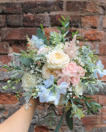 Bridal Bouquet Featuring Sweet Avalanche Rose - VIP "Clarity" Rose  -  Pale Blue Delphinium - Bombastic Spray Rose - Waxflower - Astilbe - Brunia - Eucalyptus & Senico 