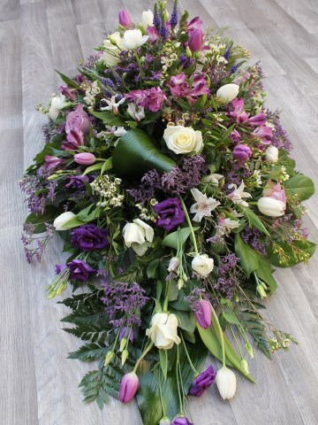 Casket Spray - Mixed Purple Lilac And Ivory Flowers - Wild Country Design 