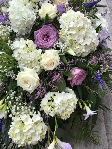 White and Lilac Casket Spray - Hydrangea - lilac Rose -  White Rose - Purple Veronica - Freesia 