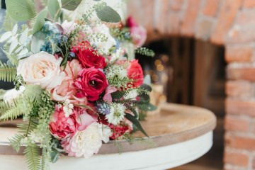 bridal bouquet - pale pink - cerise - pale blue - rose - blush rose - tulips - shustoke farm barns wedding 