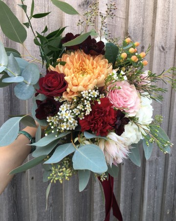 Bridesmaids bouquet - autumnal theme - peach - marsala - blush - flowers - roses - chrysanthemum - hypericum-eucalyptus-amaranthus