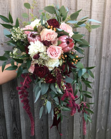 Bride bouquet - autumnal theme - marsala - blush - flowers - roses -eucalyptus-amaranthus- king protea 