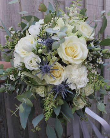 Bridal bouquet - ivory and white flowers with hint of blue- trailing silk ribbons - avalanche rose - lisianthus - carnation - waxflower - veronica astilbe - eryngium - eucalyptus 