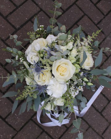 Bridal bouquet - ivory and white flowers with hint of blue- trailing silk ribbons - avalanche rose - lisianthus - carnation - waxflower - veronica astilbe - eryngium - eucalyptus 