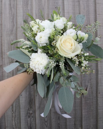 Bridesmaid bouquet - ivory and white flowers - avalanche rose - lisianthus - carnation - waxflower - veronica astilbe - eryngium - eucalyptus 