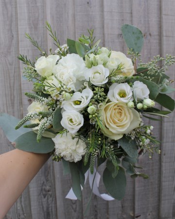 Bridesmaid bouquet - ivory and white flowers - avalanche rose - lisianthus - carnation - waxflower - veronica - astilbe - eucalyptus 