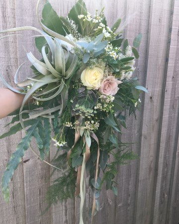 bridal bouquet - wild offset design - blush pink and neutral flowers - grey foliages - air plants - succulents - blush rose - ivory rose - pampas feathers 