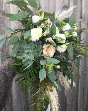 bridal bouquet - wild offset design - blush and ivory flowers - suculents - quicksand rose - white lisianthus - ivory rose - pampas grass 