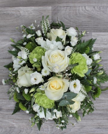 green and white posy display - funeral tribute posy design - white roses - lisianthus september - veronica - green carnation - hypericum - kermit xanth
