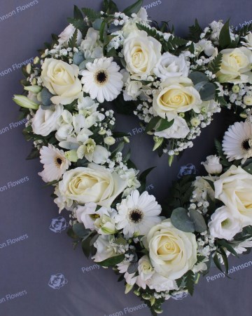 Open heart floral tribute - ivory and white mix flowers 