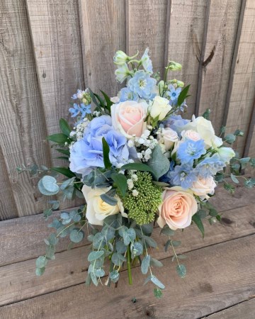 bridal bouquet, pale peach and blue flowers- hydrangea roses eucalyptus - summer design 